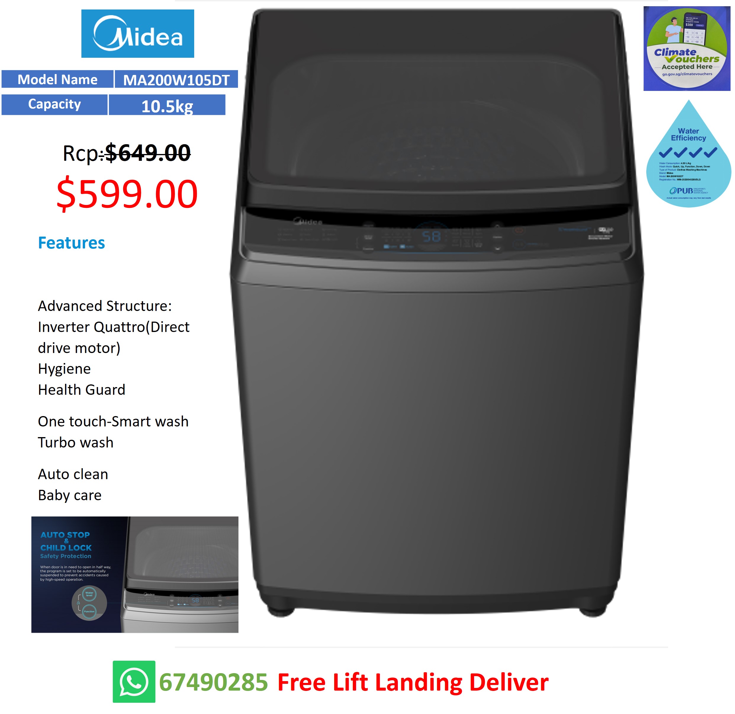 Midea 10.5KG Top Load Washer MA200W105DT