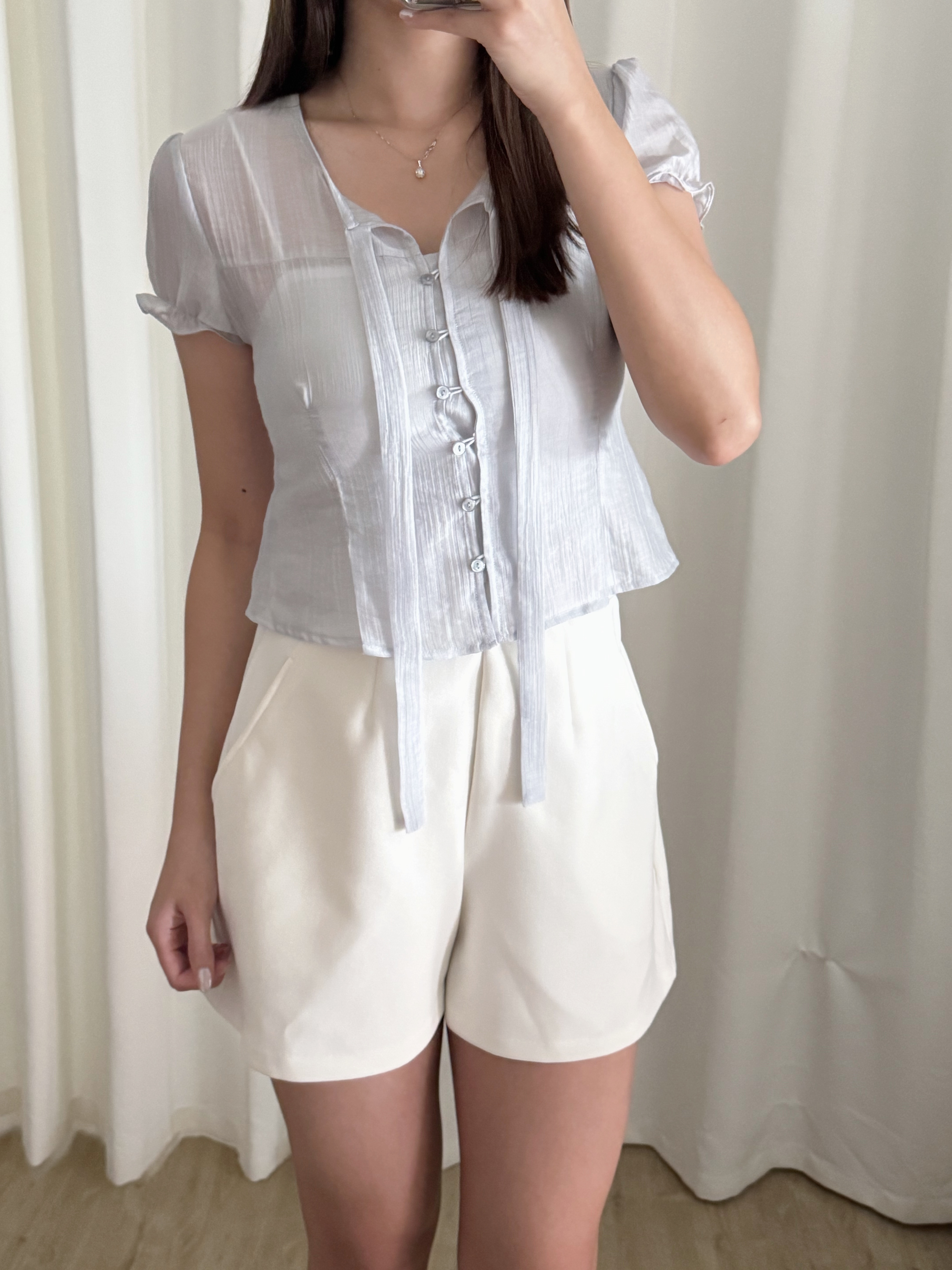 透薄綁帶微公主袖短袖上衣(三色入)