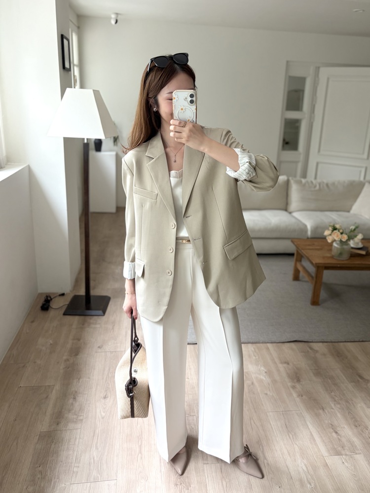 Margot Blazer with Striped Cuffs (Beige)