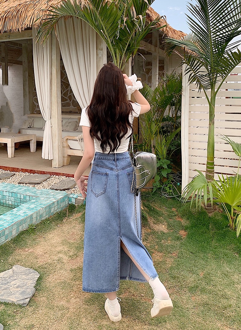 B29(30707) 韩版时尚JEANS斜蕾丝花边双裤头钮设计感蓝长裙