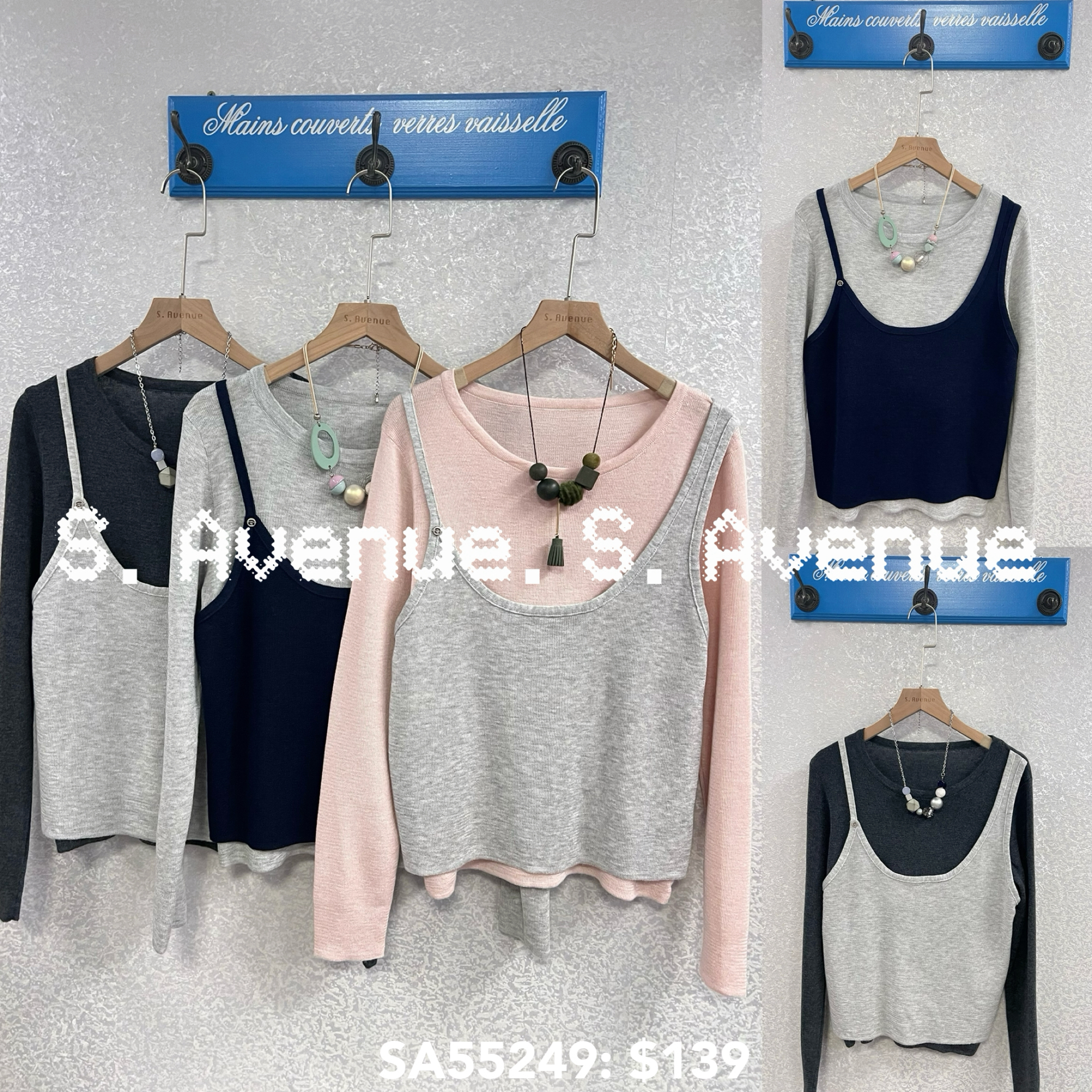 SA55249: 長袖假兩件吊帶背心線top