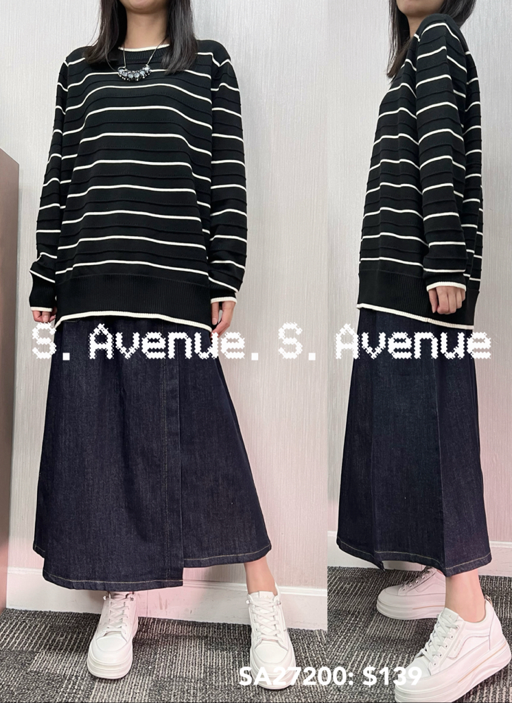 SA27200: 長袖撞色白邊領長身間條top