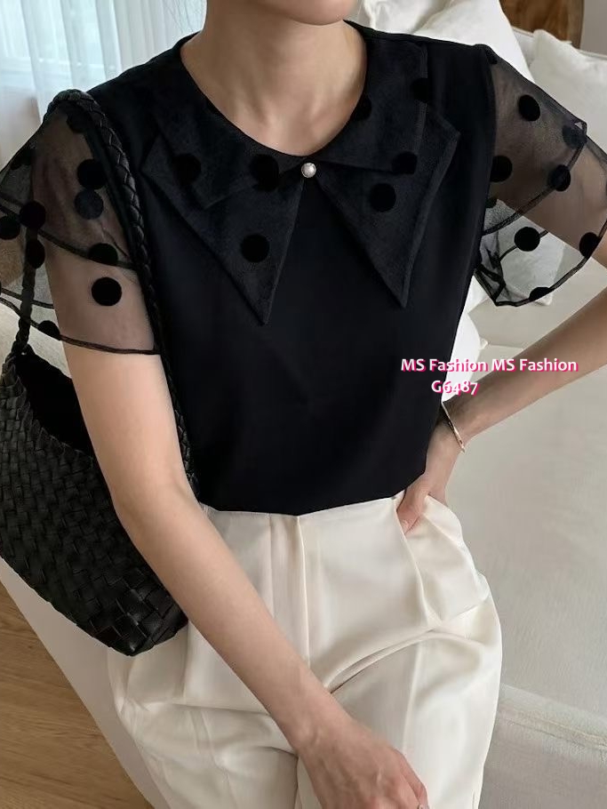 G6487 特色領波點紗袖top