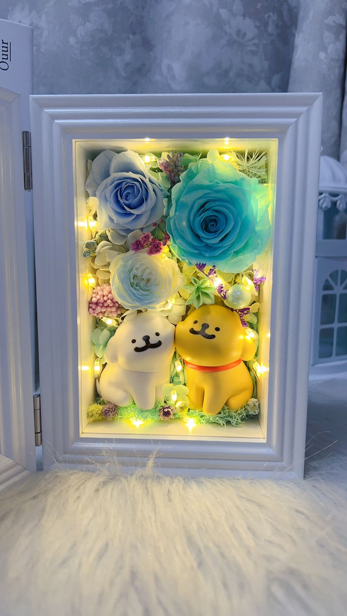 線條小狗藍玫瑰永生花4R相框