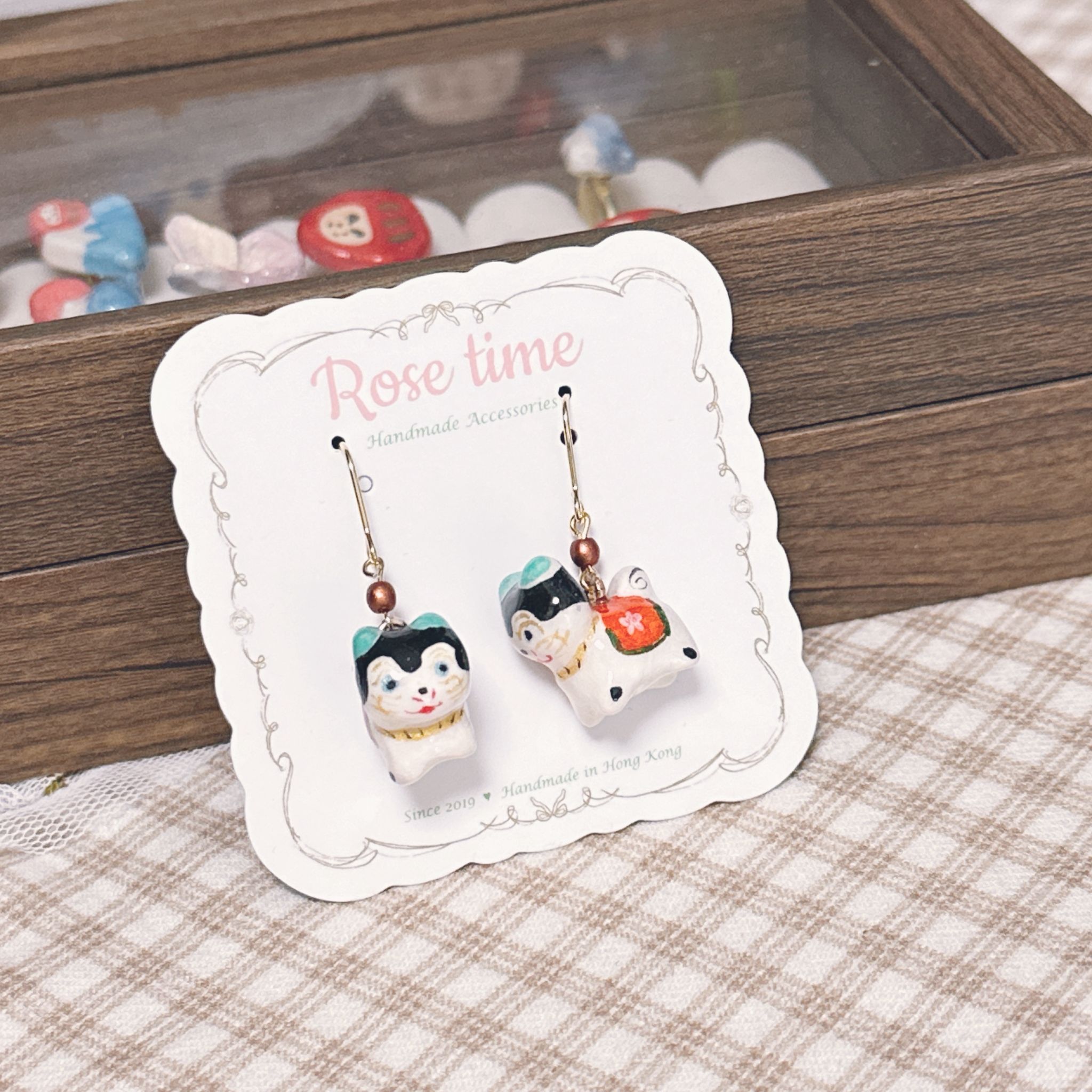手繪 立體犬張子 緣起物 耳環