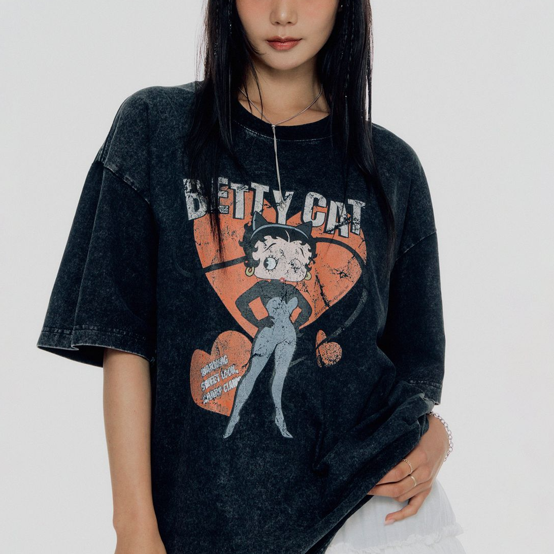 [CNVS x Betty Boop] BETTY BOOP Betty Cat Oversized T-shirt Charcoal