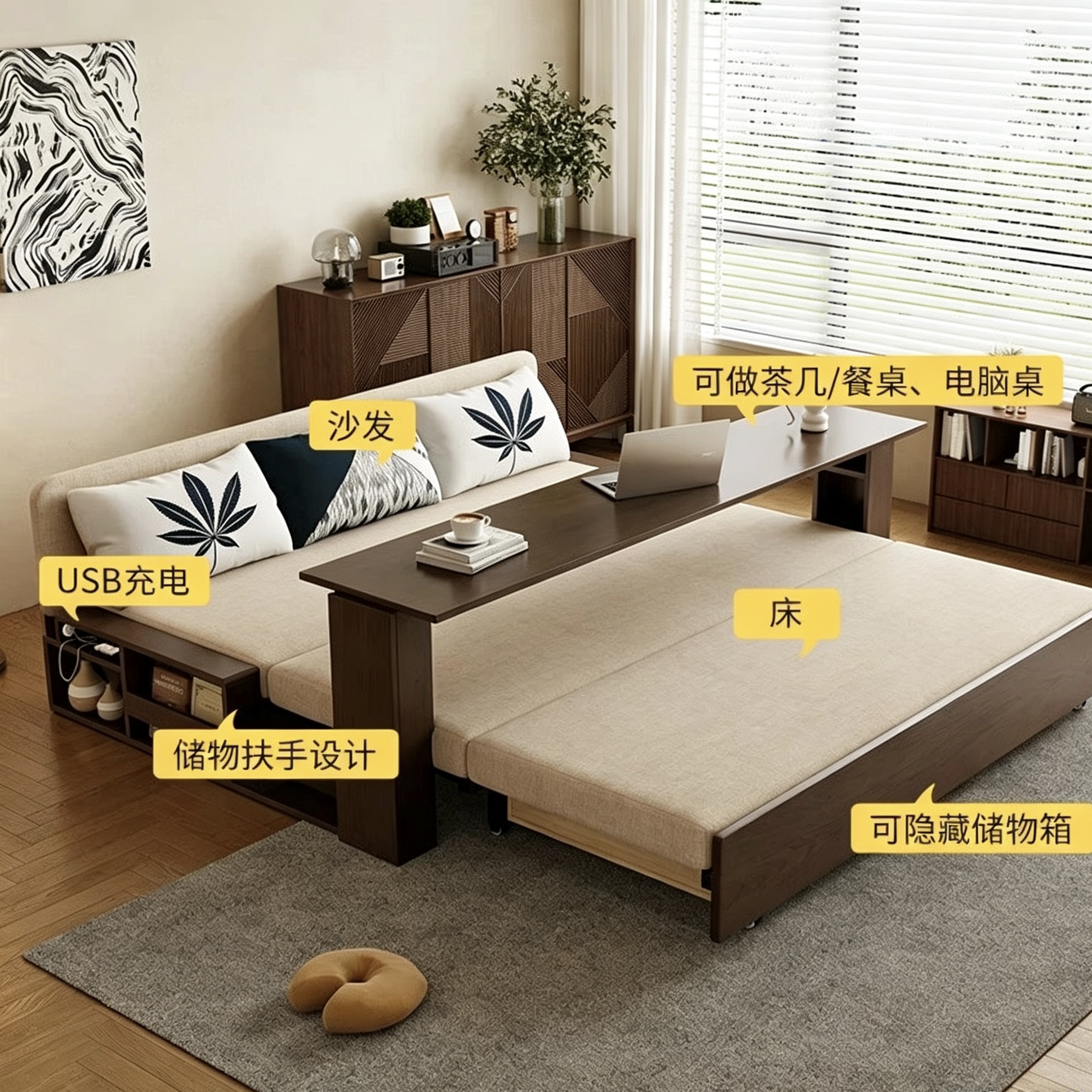 沙發床兩用實木推拉現代簡約沙發床可折疊沙發床多功能儲物沙發sofa bed