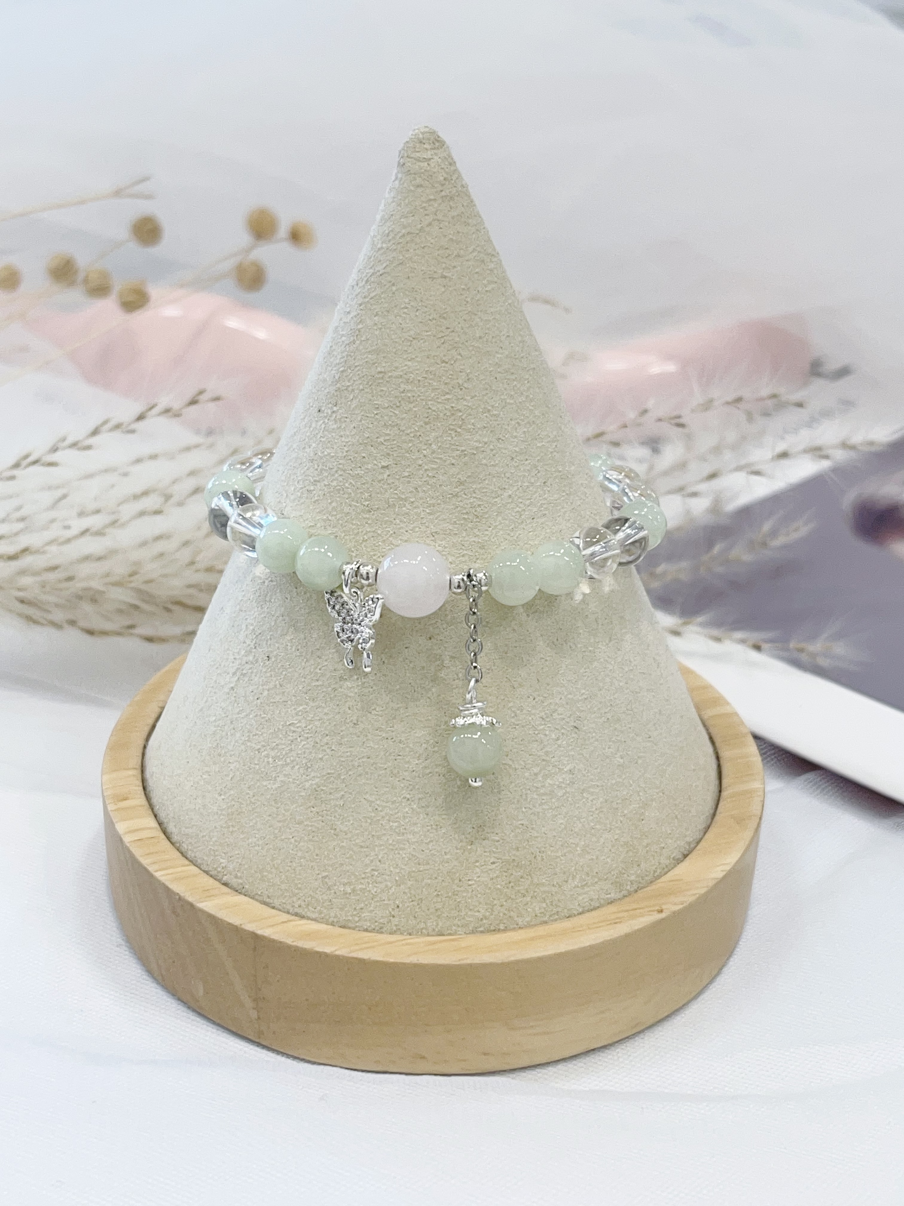 🦋 葡萄石 × 白水晶 × 粉水晶手串 Green Amethyst & Clear Quartz & Rose Quartz｜蝴蝶设计款