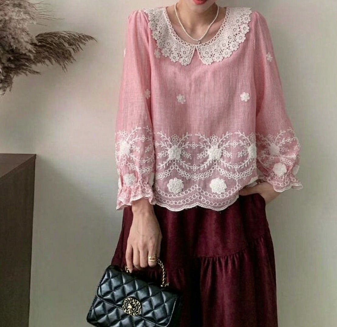 通花領刺繡條紋上衣(M38寸胸/L40寸胸/XL42寸胸)