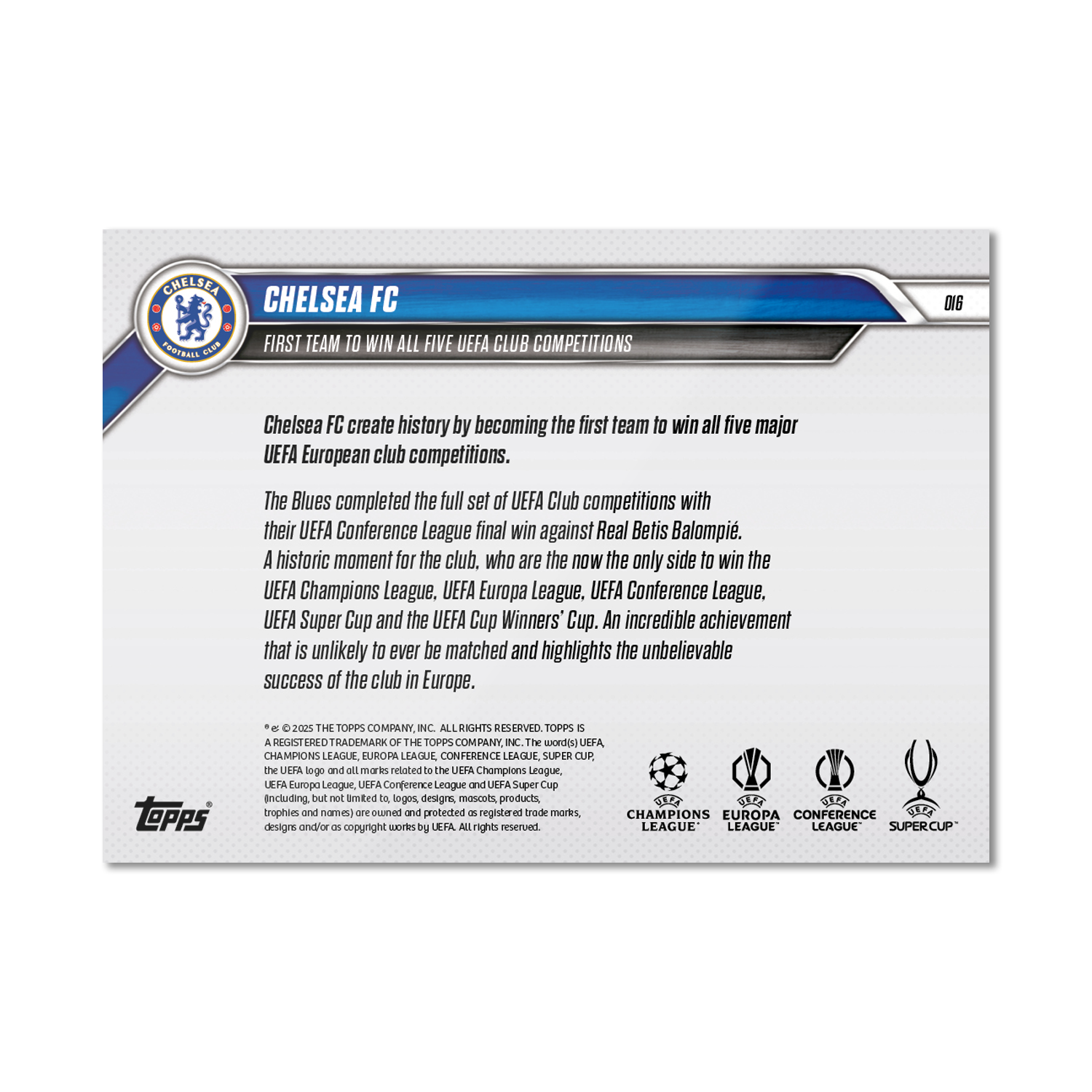 Chelsea FC - 2024-25 Conference League Topps NOW® #16 UEFA五項賽事全滿貫卡｜PR 3,457