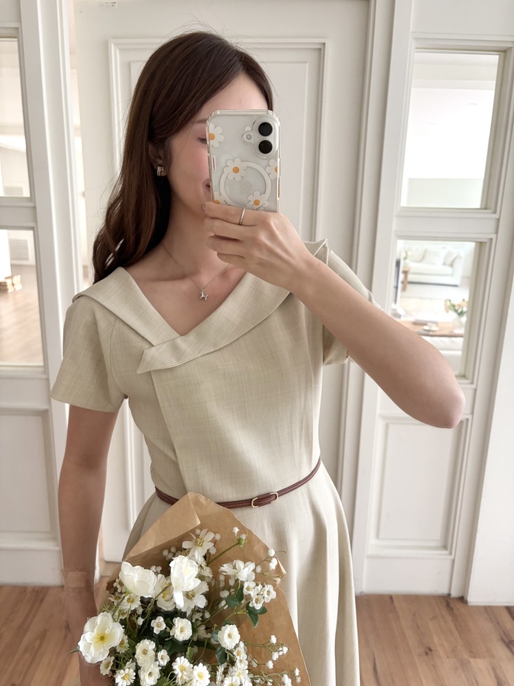 Sailor Collar Belted Dress (Beige)