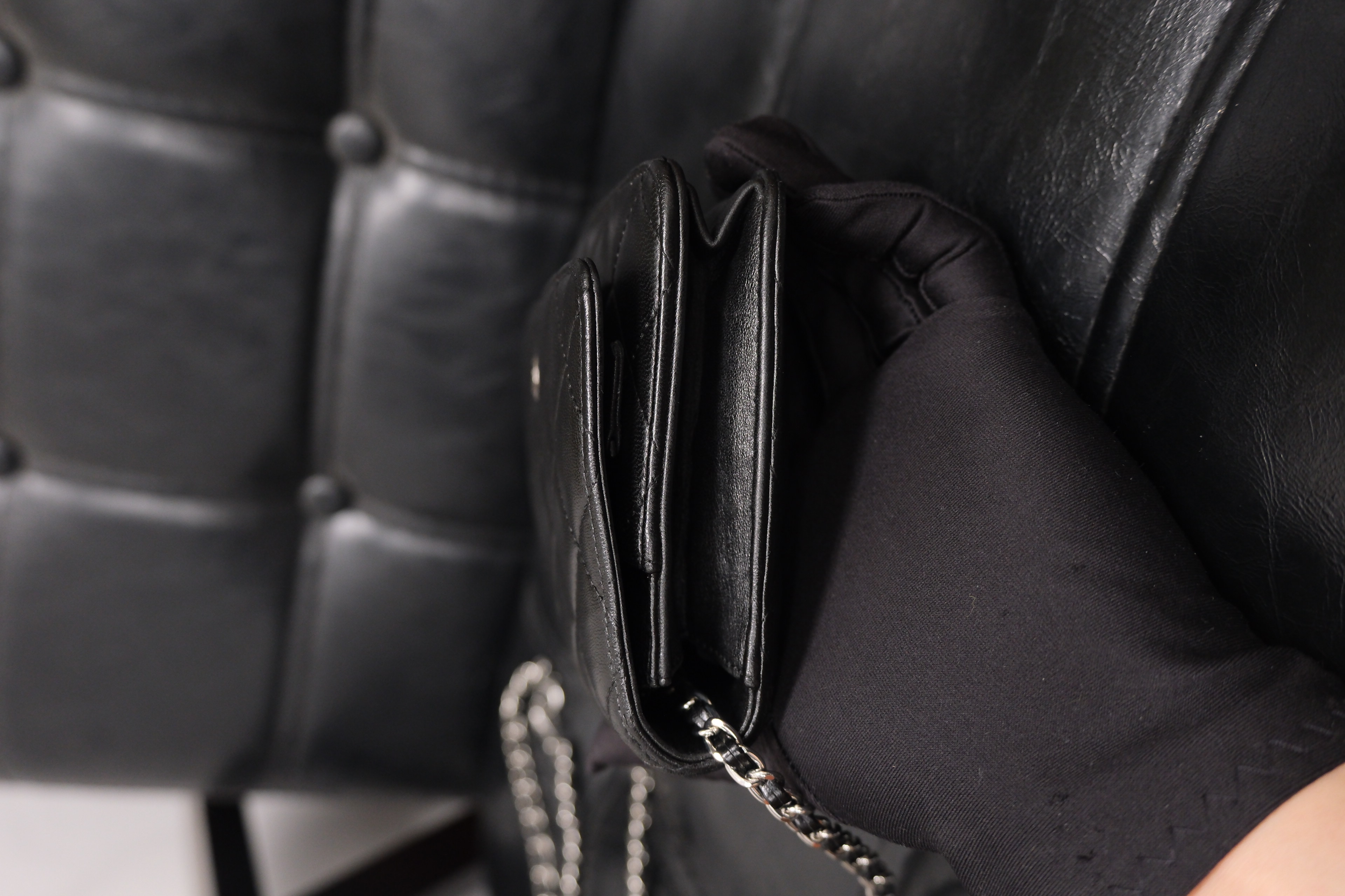 Chanel Lambskin Chain Wallet Black Silver 