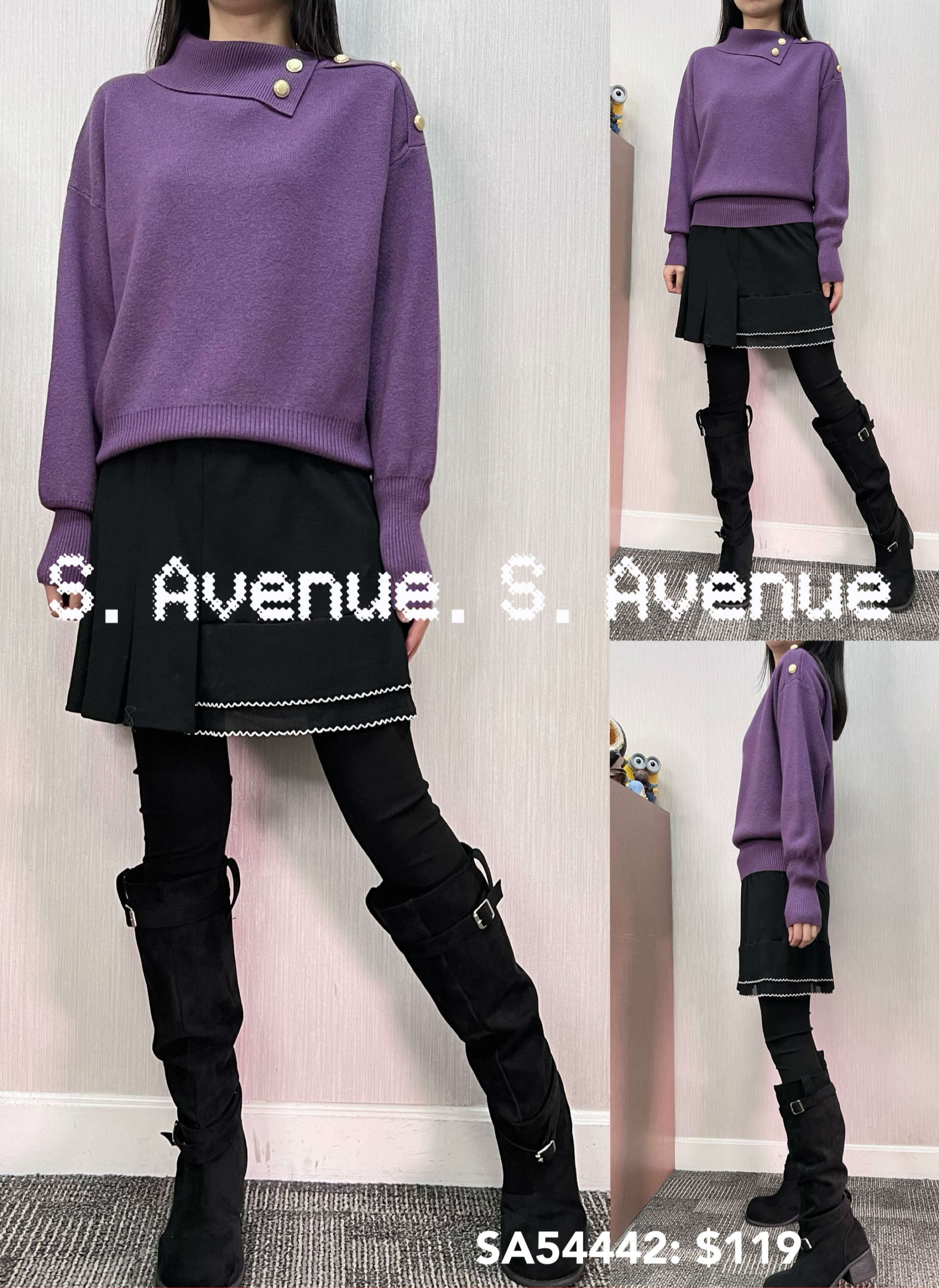 SA54442: 長袖鈄反領側有鈕小蝙蝠冷top