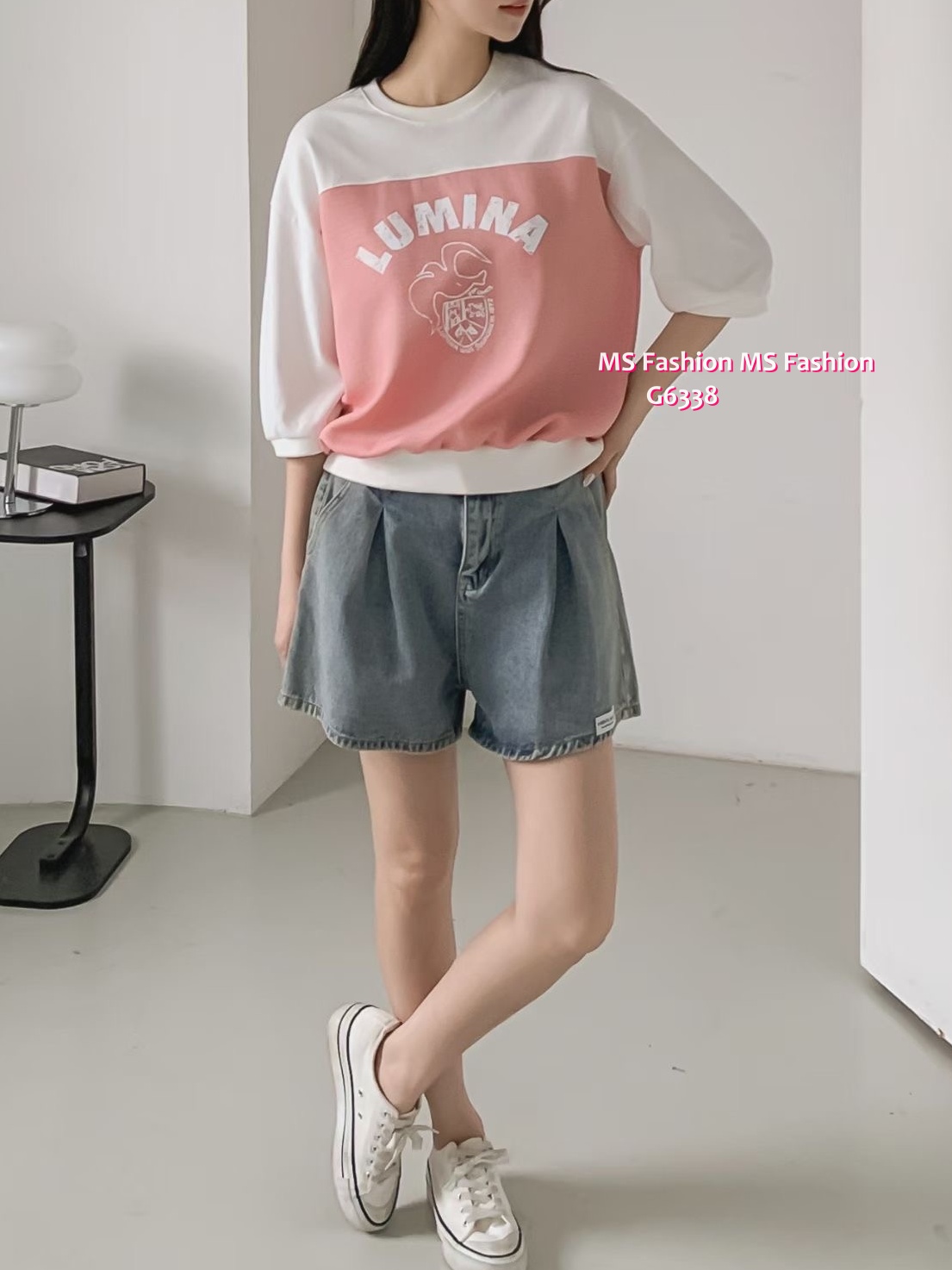 G6338 拼色中袖top
