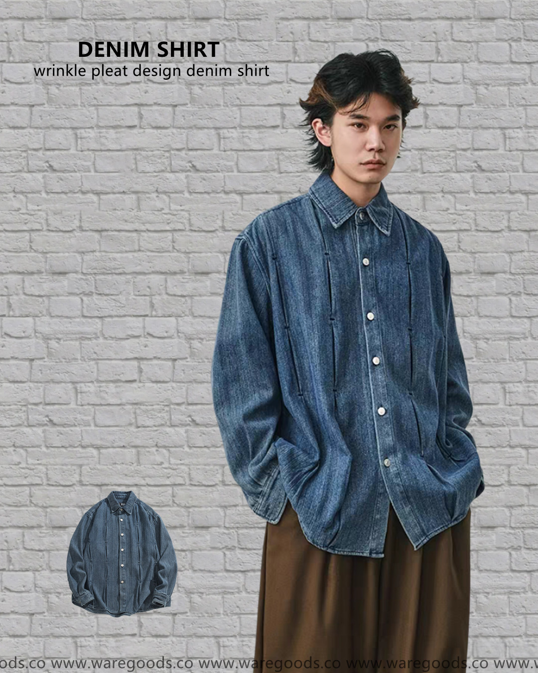 W0315復古打褶設計牛仔恤衫