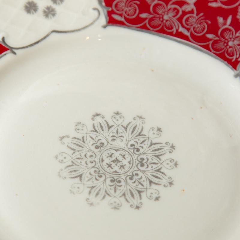 Vintage c.a. 1950s Unmarked Handpainted Floral Shape Red & Ivory Tea Set Trio from Germany (CB058)