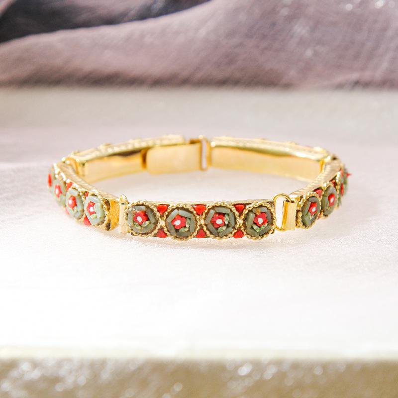 C.a. 1950-60s New Old Stock Italian Mosaic Link Bracelet -Flower with Branch - Grey x Red(FA210)