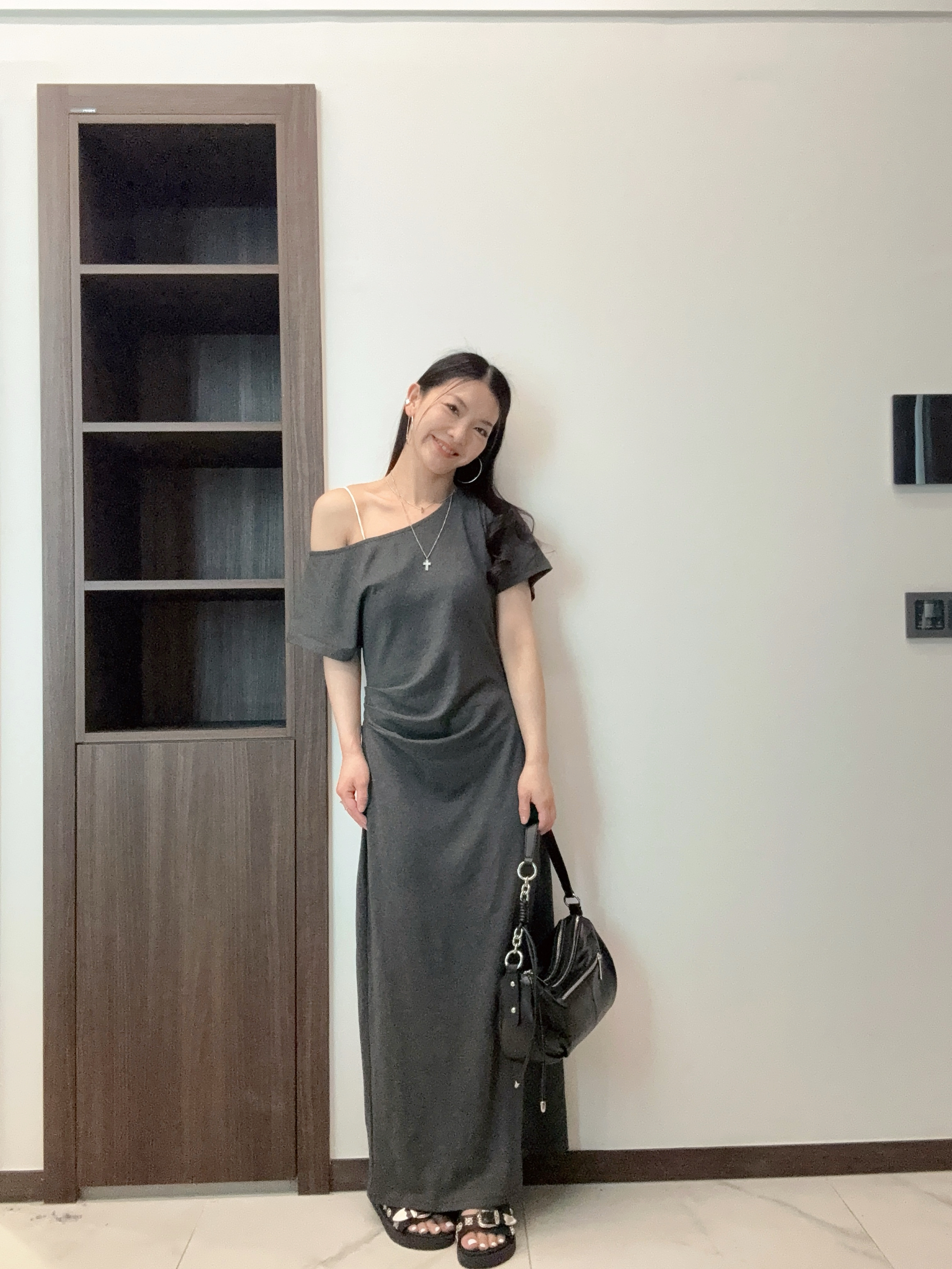 F08 單邊露膊棉質打褶腰Ops