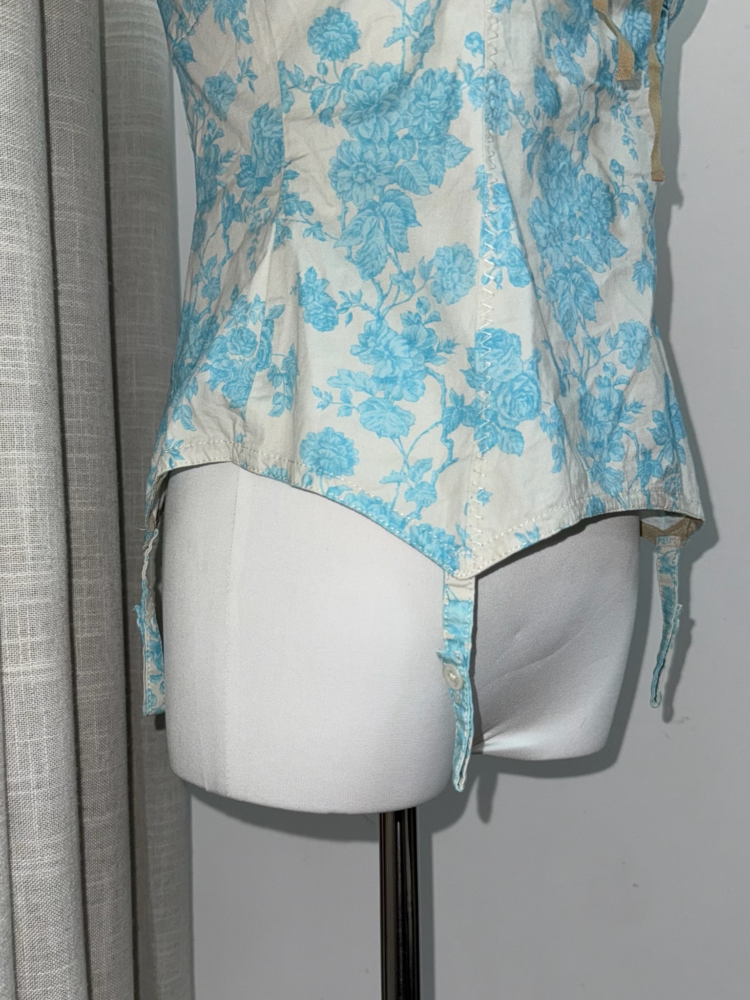 Vintage Rose Print Cami with Front Lace-up Detail and Faux Garter Straps