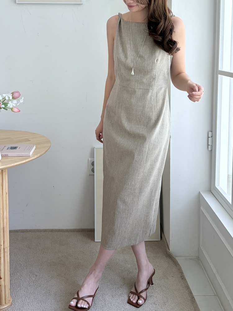 Linen Blend Twisted Strap Dress (Mocha)