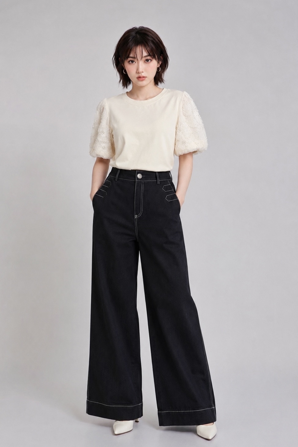 2133-1 Nova Contrast Stitch Wide Leg Denim Pants