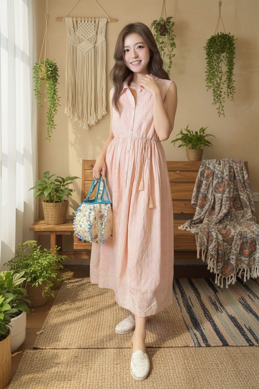 Baby Pink with Sliver Emb. Sleeveless OP 47" #1359