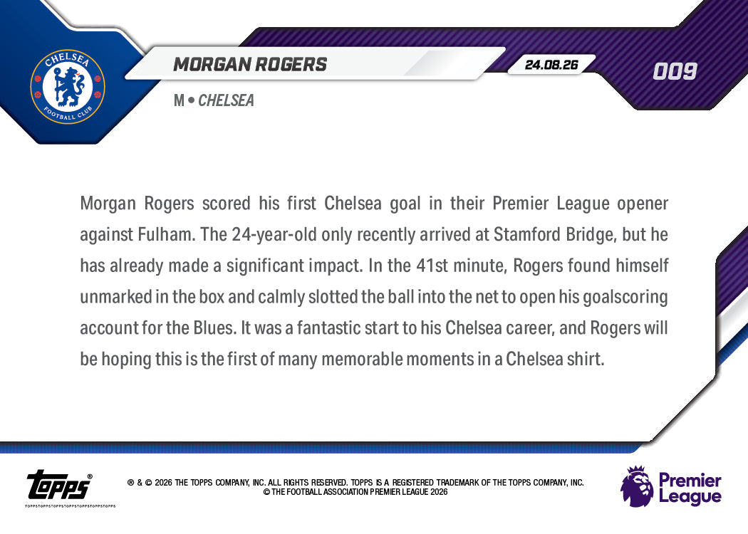 Morgan Rogers - 2026/27 Premier League Topps NOW® #9 車路士首球【團購】