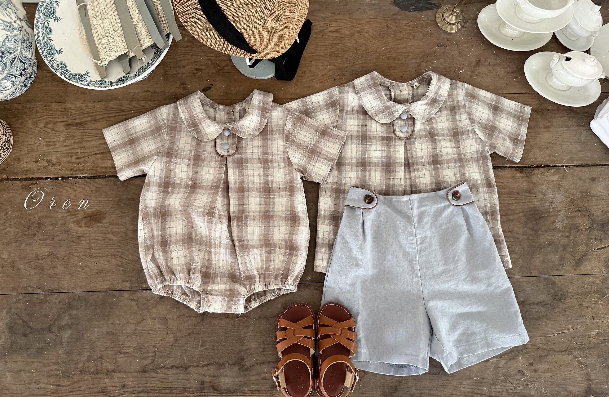 ☀️預訂 韓國直送☀️🇰🇷Oren Oliver兩色格紋純棉圓領短袖包屁衣/上下套裝