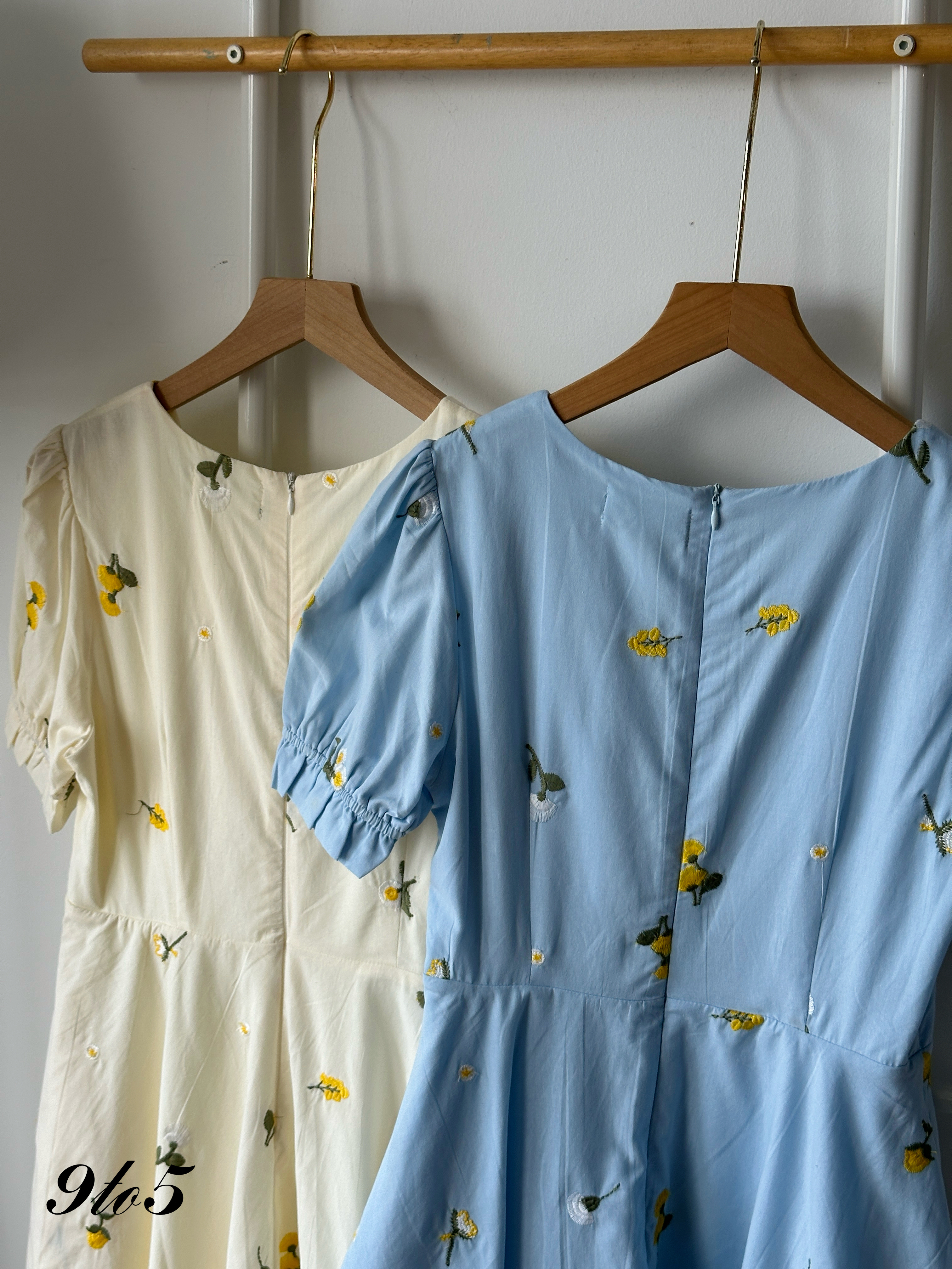D2357 Puff Sleeve Floral Dress - Blue & Yellow