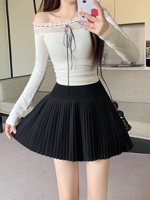 B60(3915) 韩版高腰大版下摆压褶细百褶4色短裙