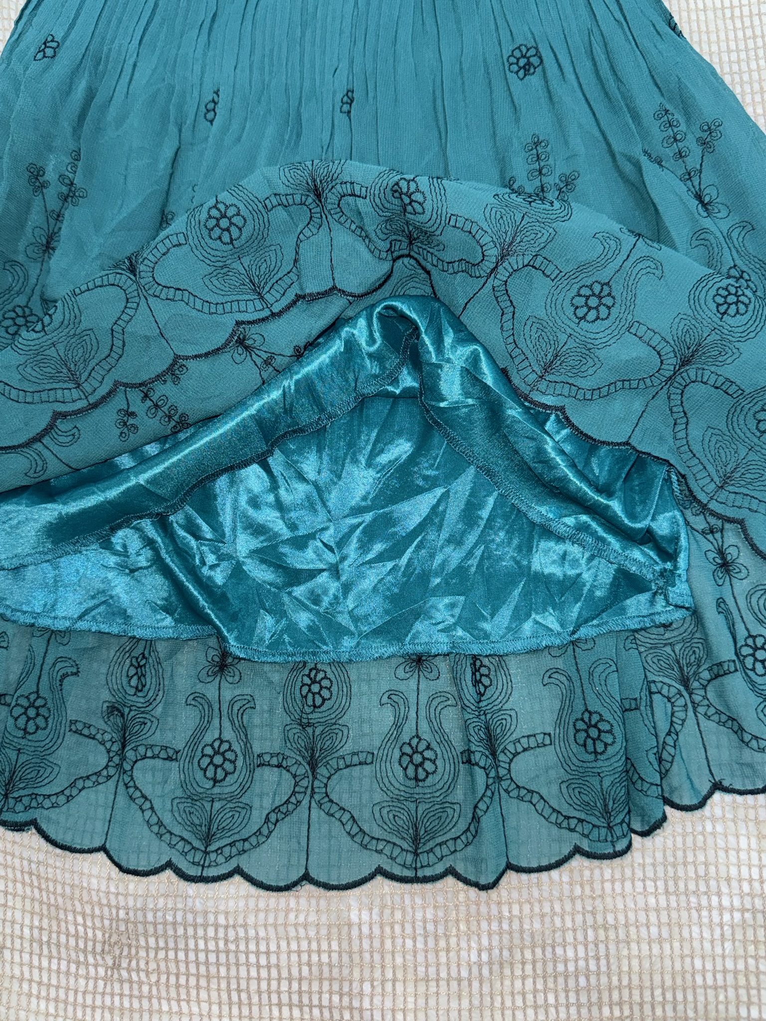 Fairycore Peacock Green Flared Skirt with Scalloped Lace Edge