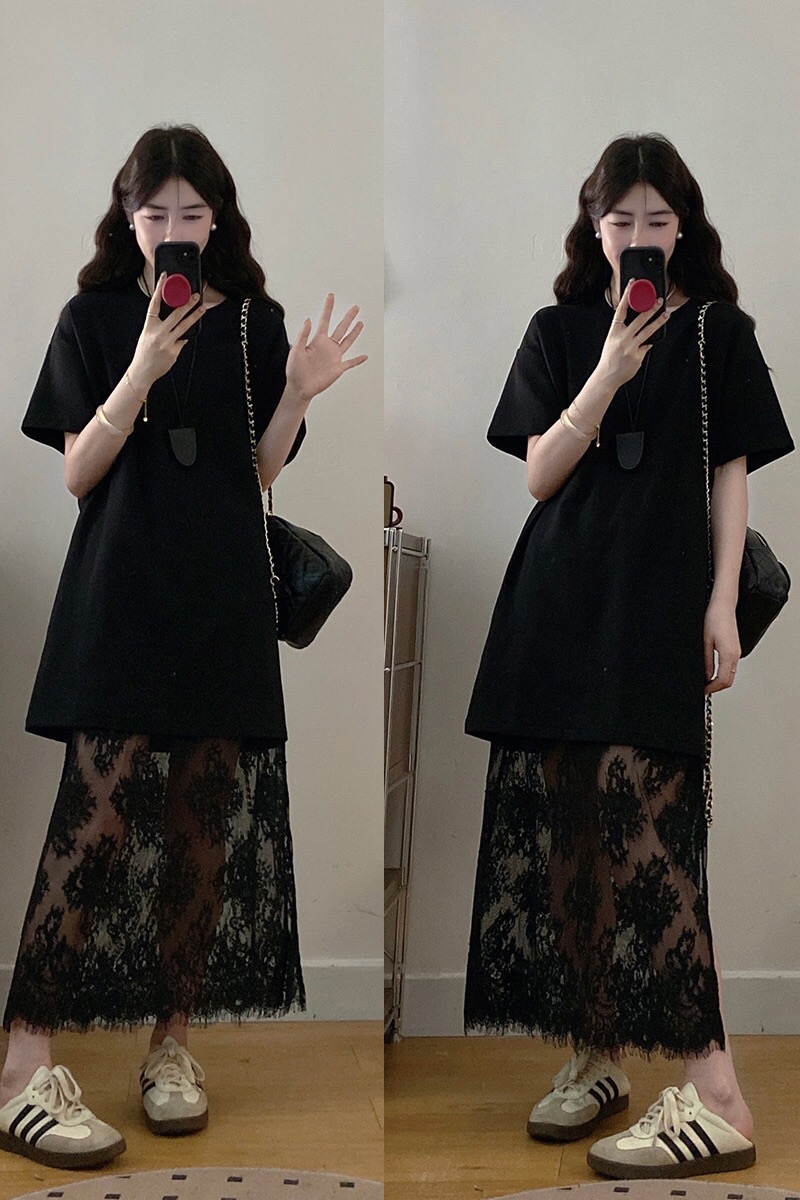 B19(3267) 法式高级感长版上衣与拼接下摆蕾丝透黑长裙黑套装