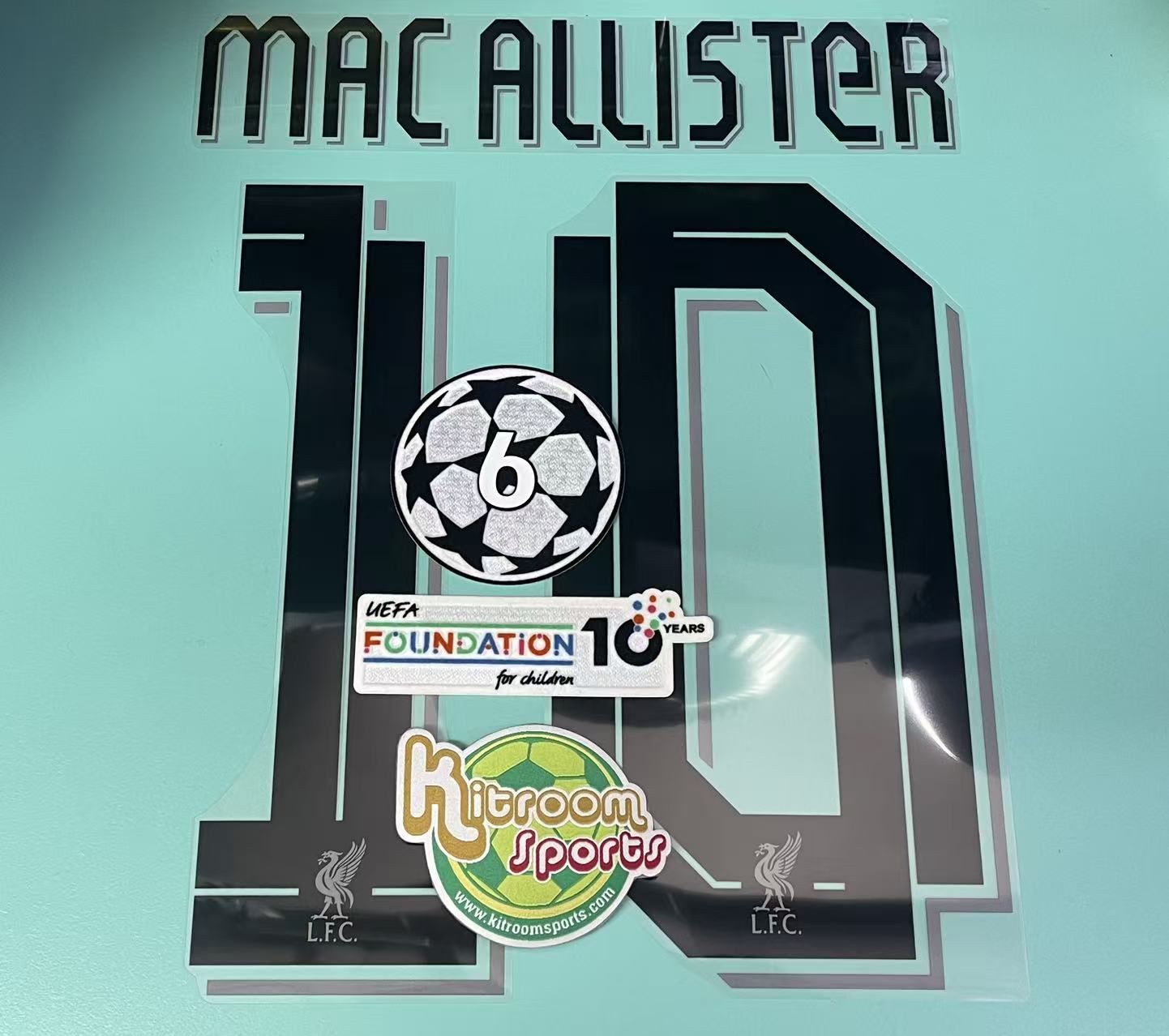 2025-26 Liverpool Away UCL Nameset #10 MAC ALLISTER + 6 UCL + Foundation Patch
