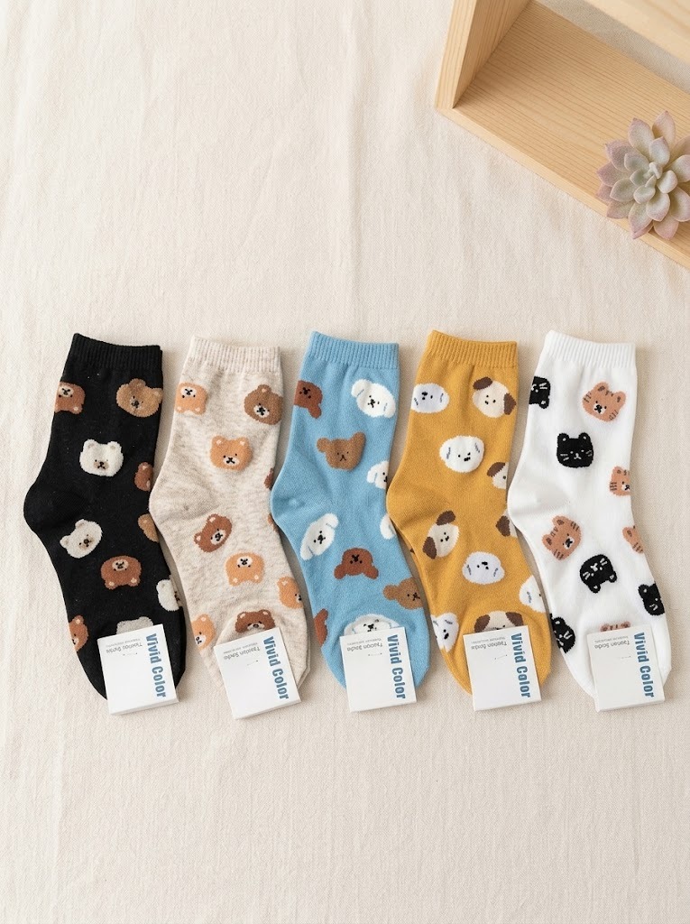 Korean Daily Animal Mid Crew Socks
