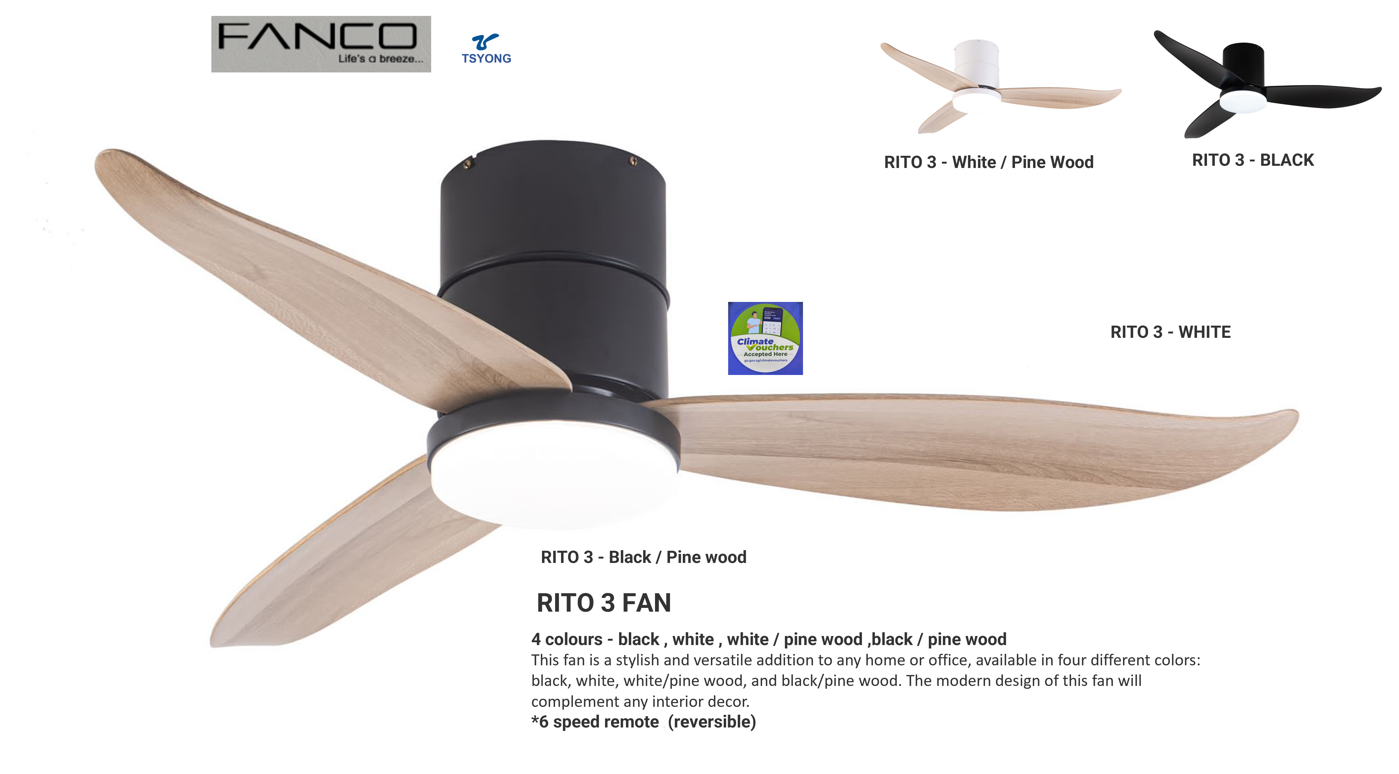 Fanco Rito-3 Hugger Fan (Optional Smart Function) $188.00 – $238.00