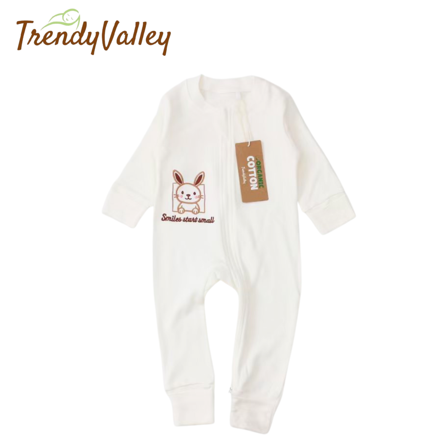 Trendyvalley Organic Cotton Sleepwear Baby Zip Romper (Rabbit)