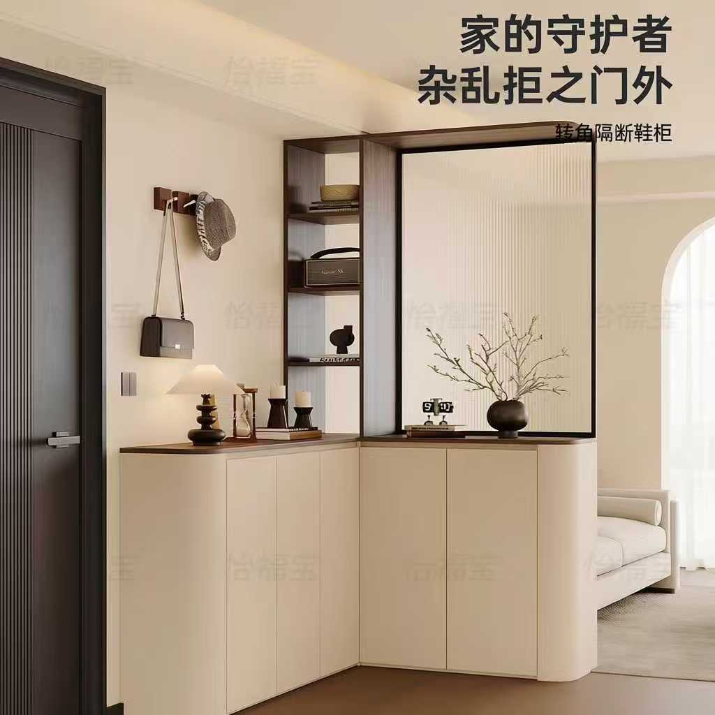 中古风轉角玄關鞋櫃一體櫃 圓弧玻璃屏風間隔 大容量儲物櫃訂造 Shoe cabinet