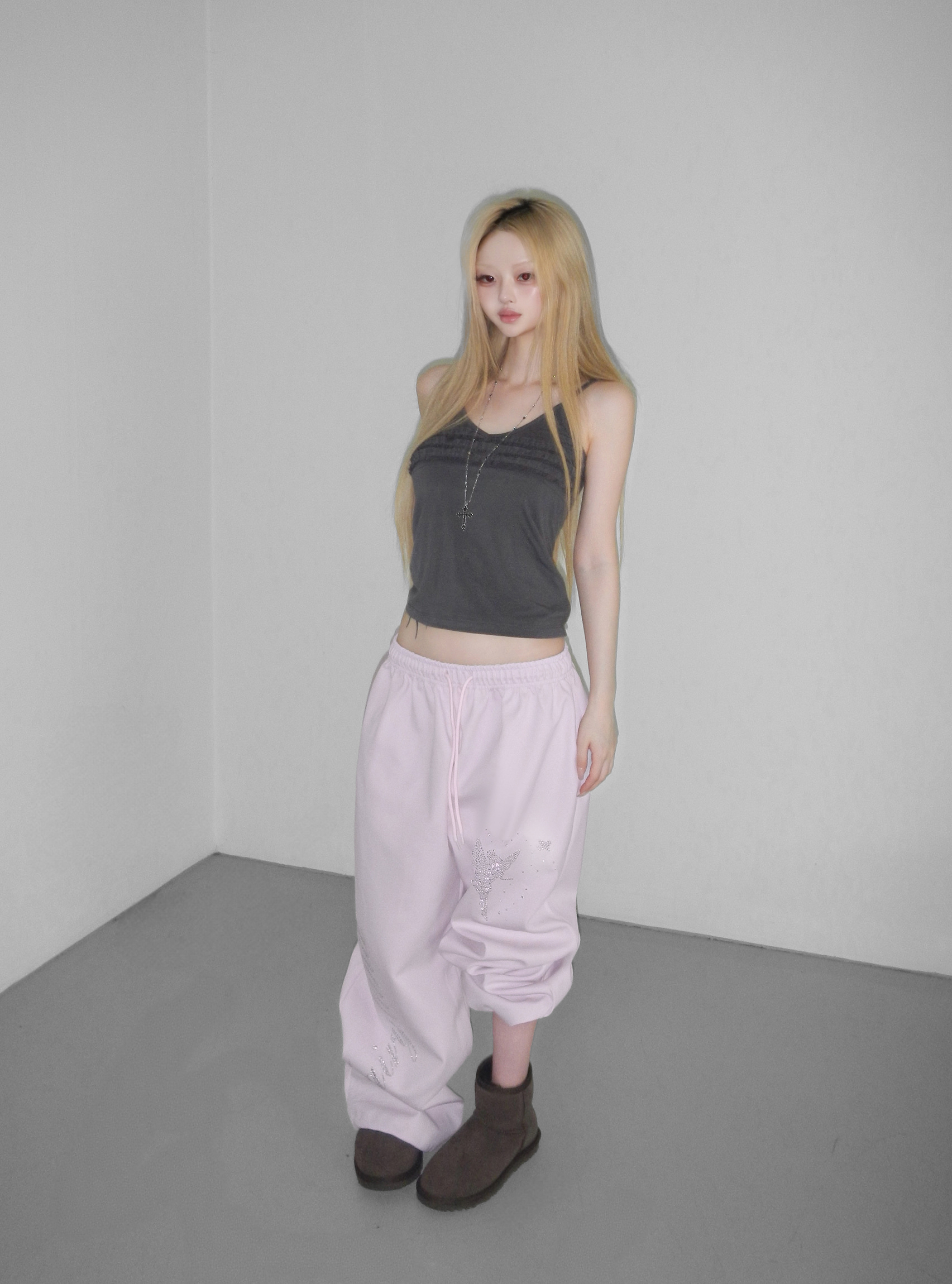 Rhinestone Graphic Wide-Leg Pants