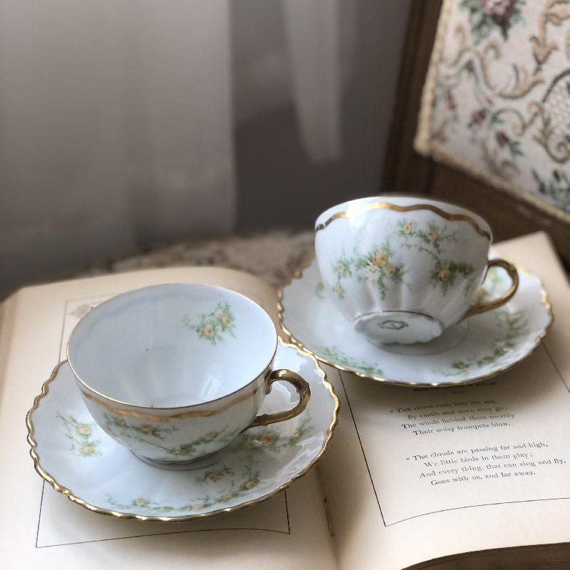 Antique 1889-1918 Made in Austria Hand-painted Floral Tea Set Duo Pair(MT086)