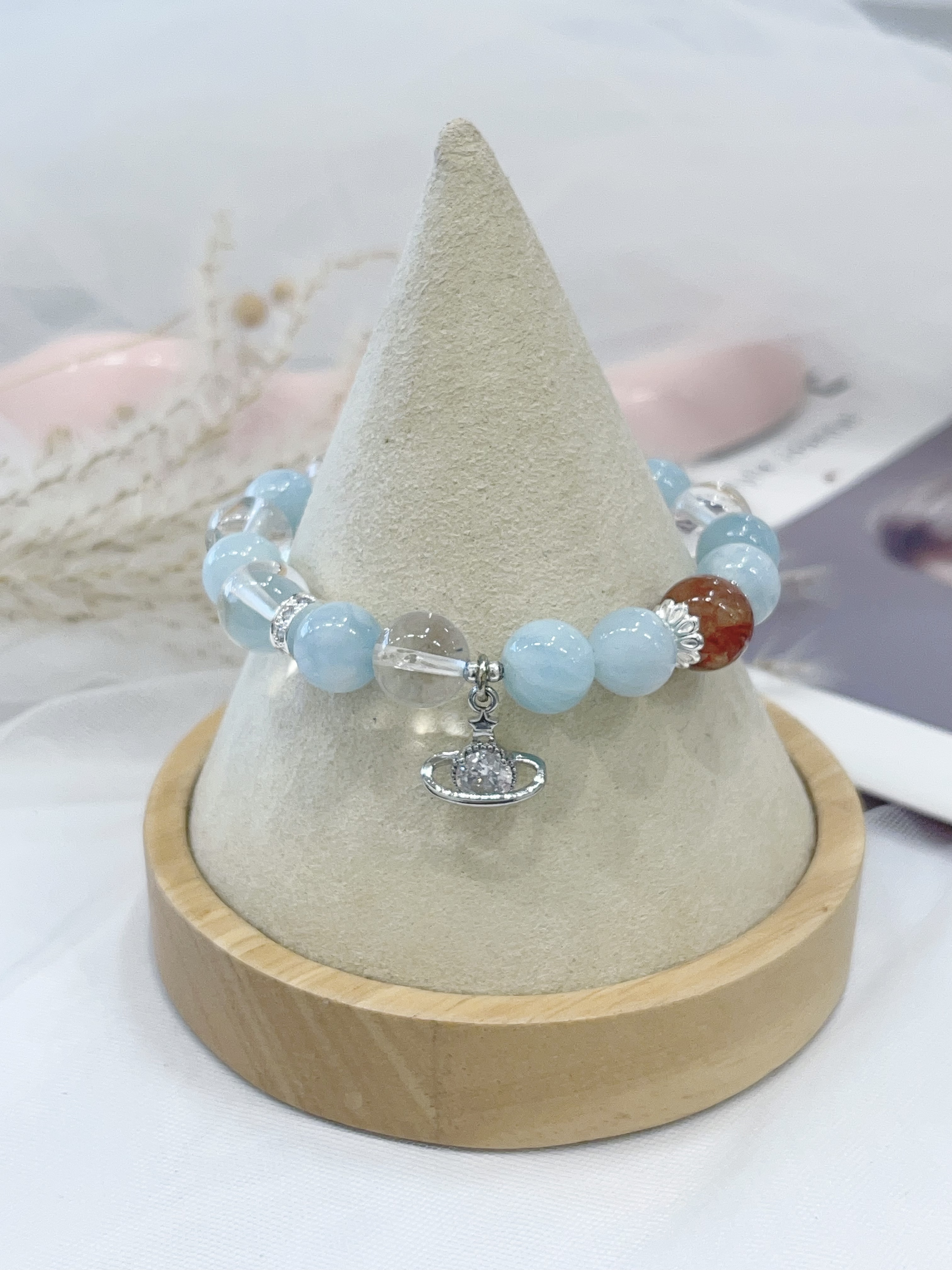 🌊 海蓝宝 × 白水晶 × 红胶花手串 Aquamarine & Clear Quartz & Red Agate｜10mm