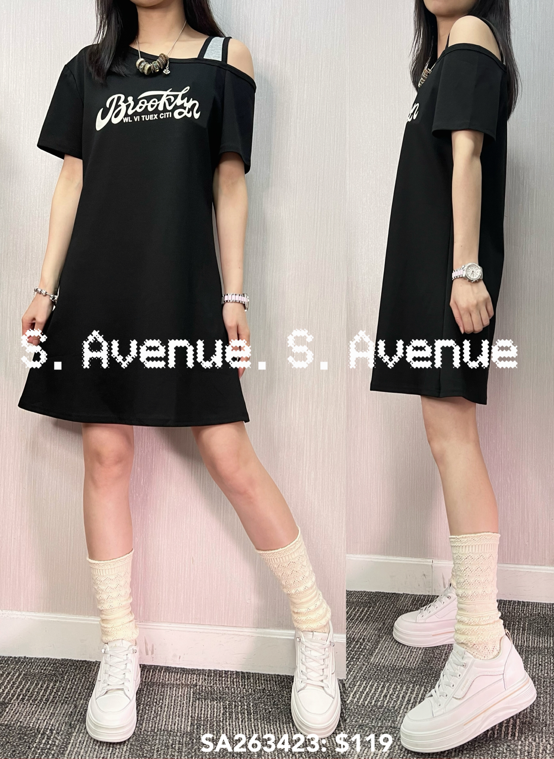 SA263423: 短袖側露膊英文字A字op