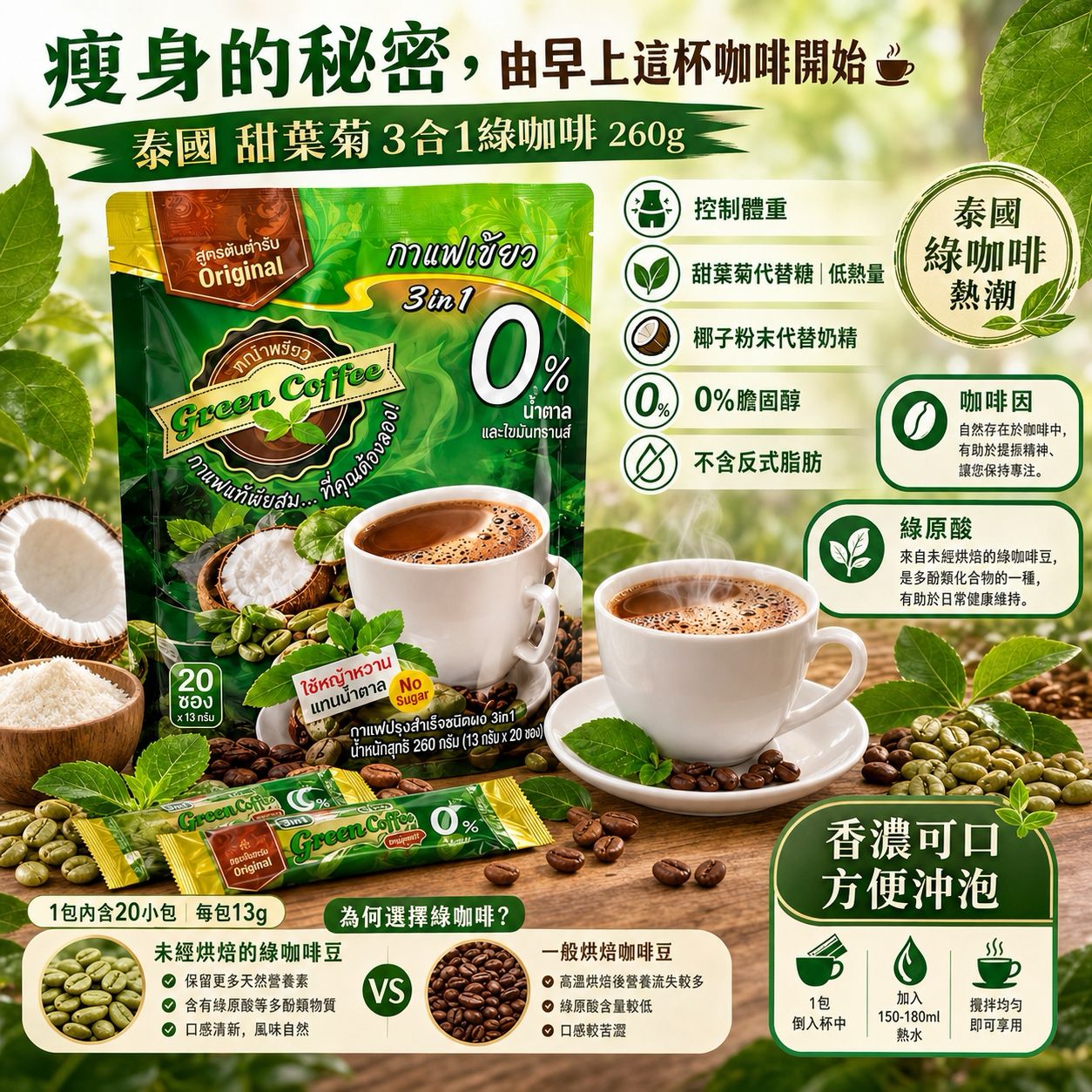 【預訂】泰國甜葉菊 3合1 綠咖啡 260g