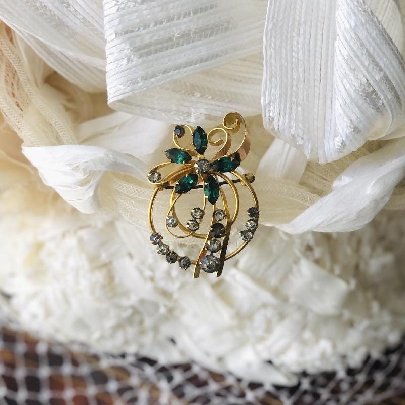 C.a. 1940s "Rainbow" Gold Filled Emerald Rhinestone Two-Way Pendant/Brooch(MT844)