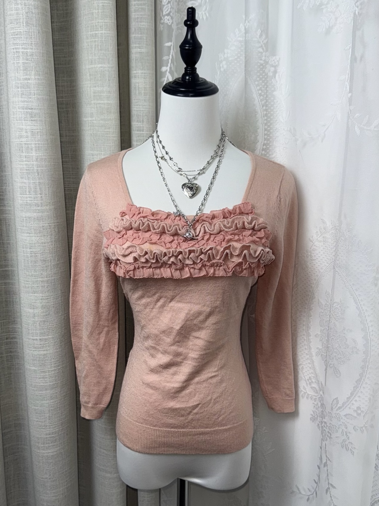 Tiered Ruffle Square-Neck Knit Top