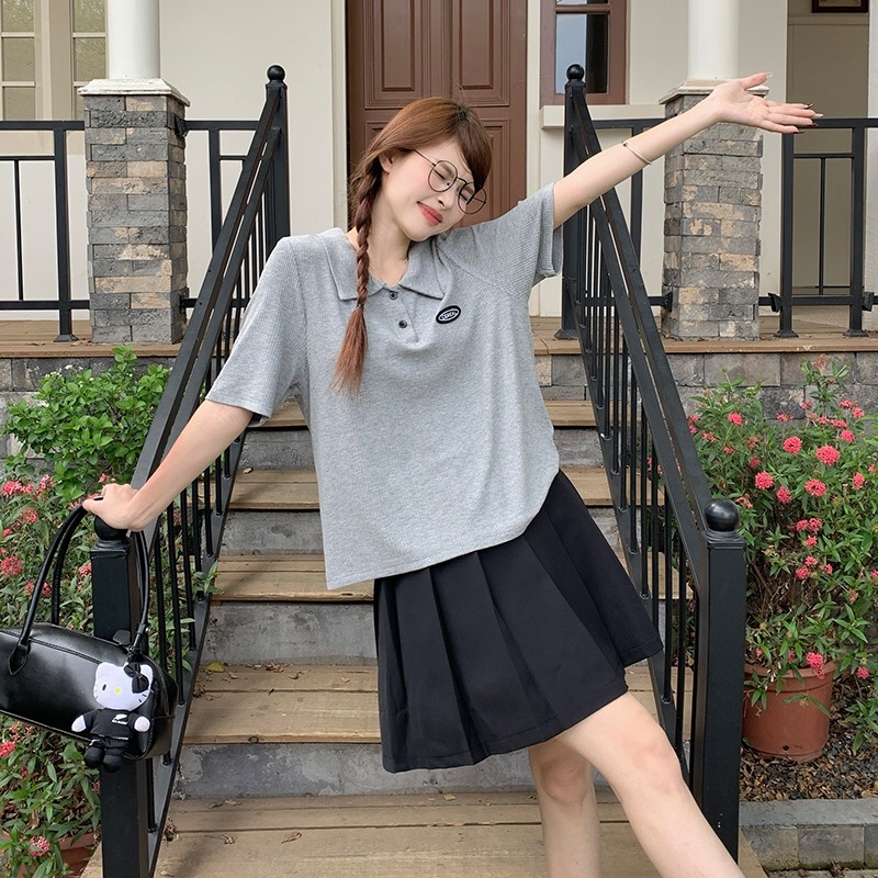 B260(8173衣) 美式复古POLO领椭圆标签灰上衣