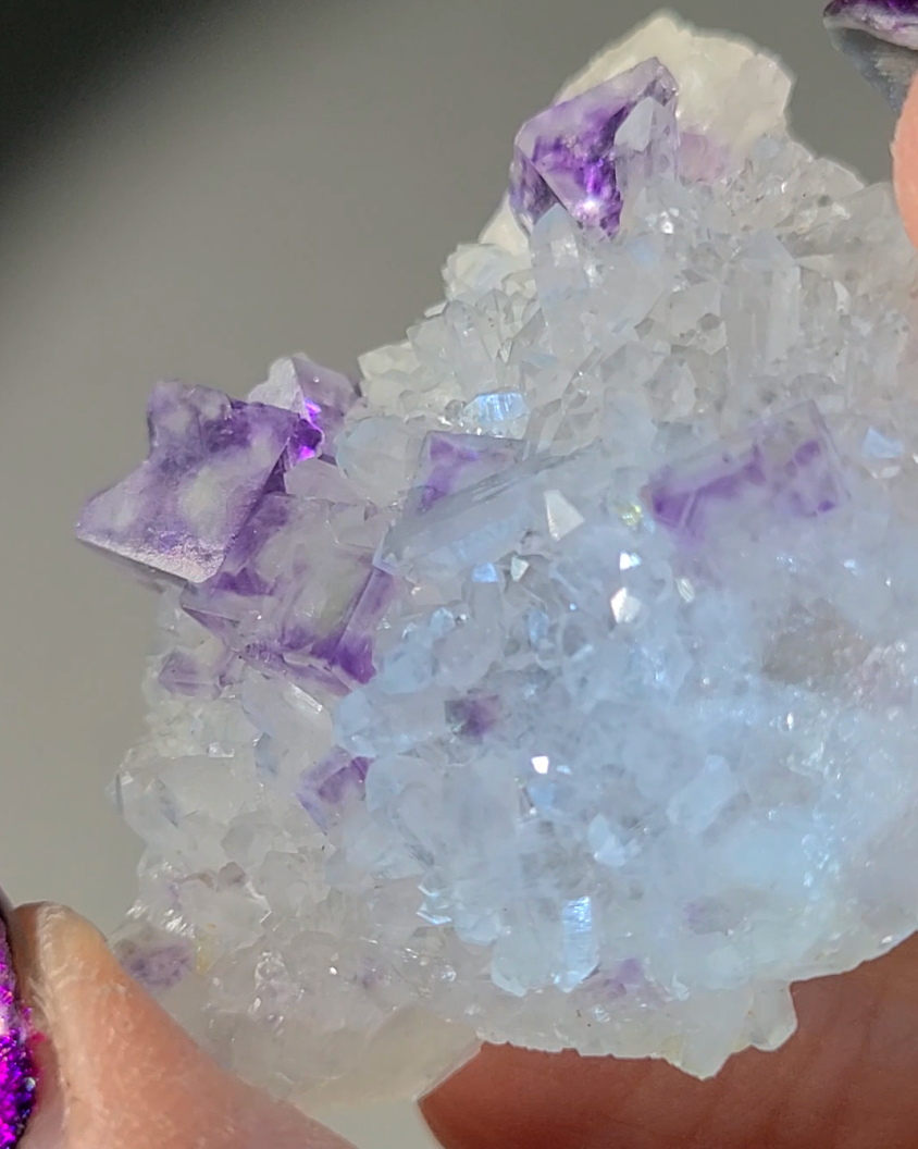 Blue and purple cubic fluorite on baby quartz - FL142