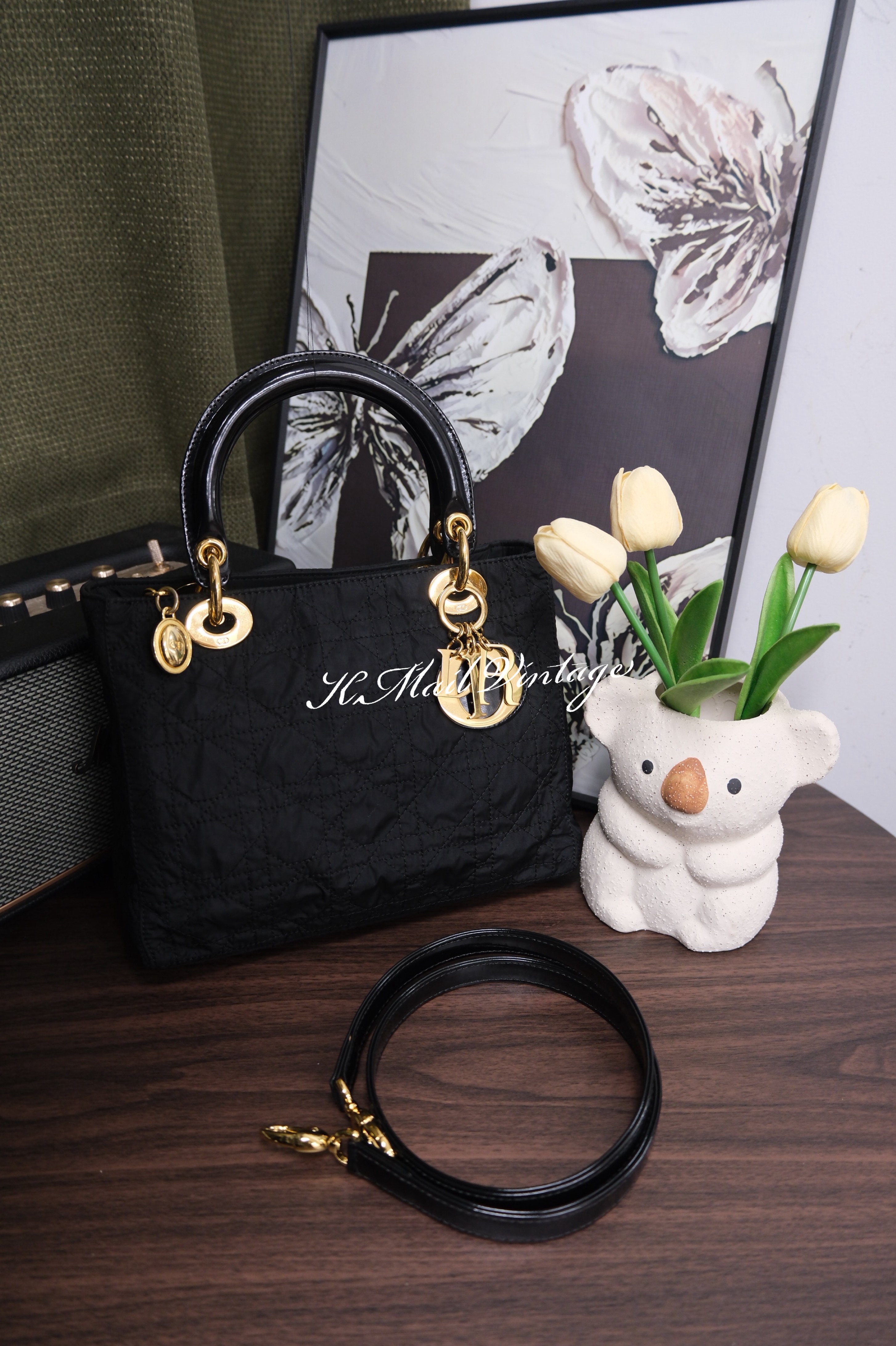 Dior Lady Dior Cannage Nylon Hand Bag Black Gold