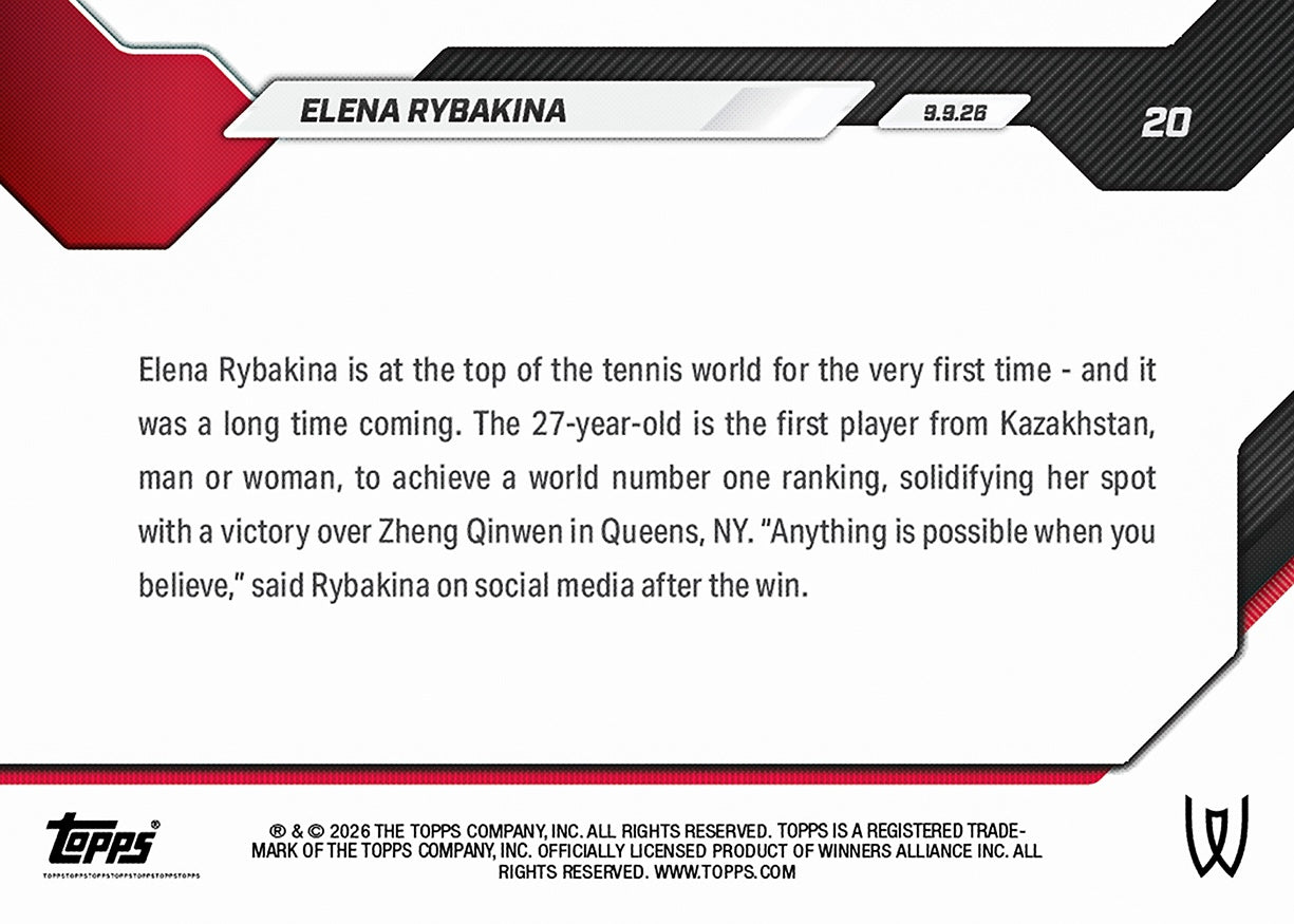 Elena Rybakina - 2026 Topps NOW Tennis #20 世界第一紀念卡【團購】