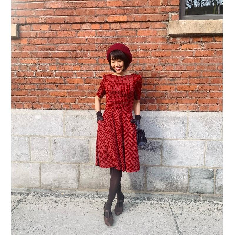 (SOLD OUT)The Parisian Swing Dress - Red x Black Houndstooth Pattern(FM155)
