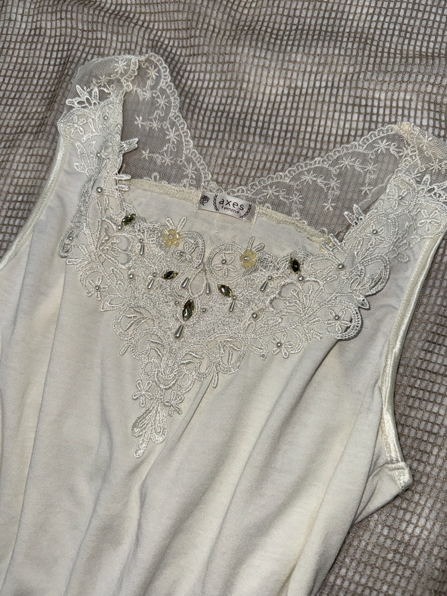Axes Femme Off-White Tank Top with Embroidered Lace & Pearls
